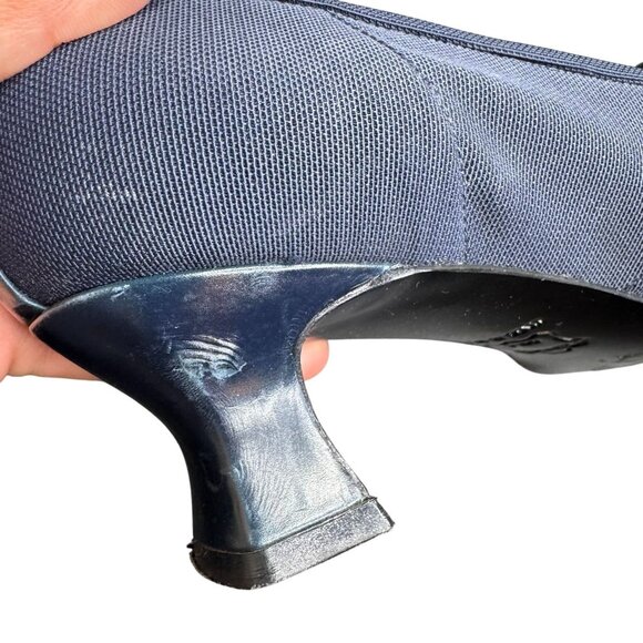 Vintage 90s Stuart Weitzman Navy Blue Square Toe Kitten Heel Loafers, Fabric - Picture 11 of 14